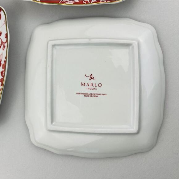 Williams Sonoma Marlo Thomas Floral Appetizer Plates SET OF 4 Toile Red White - Picture 7 of 12